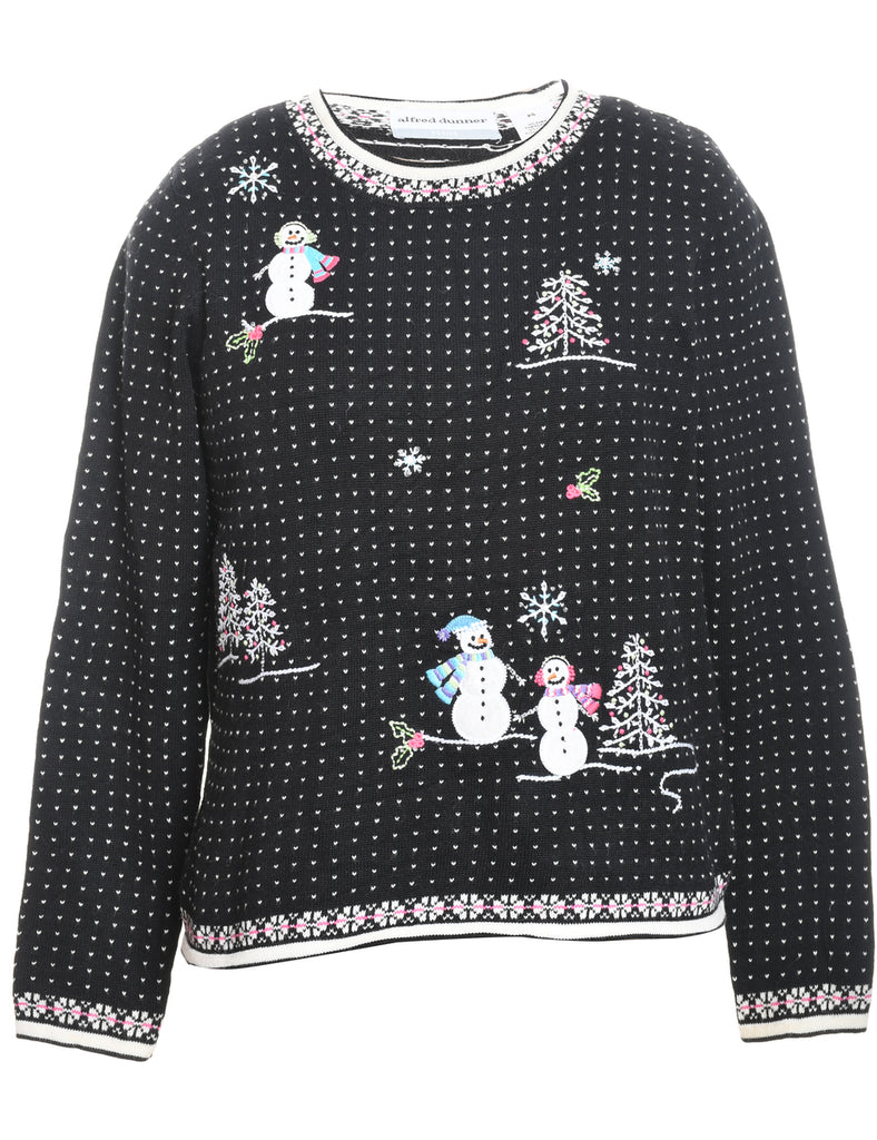 Snowman Design Black & White Embroidered Christmas Jumper - S