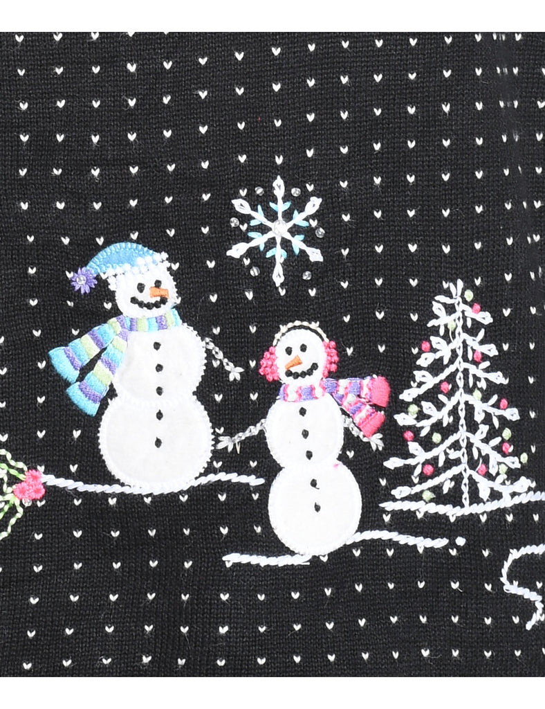 Snowman Design Black & White Embroidered Christmas Jumper - S