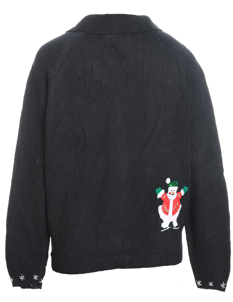 Snowman Design Black Zip-Front Christmas Cardigan - L