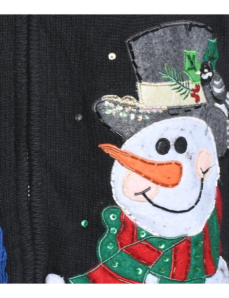 Snowman Design Black Zip-Front Christmas Cardigan - M