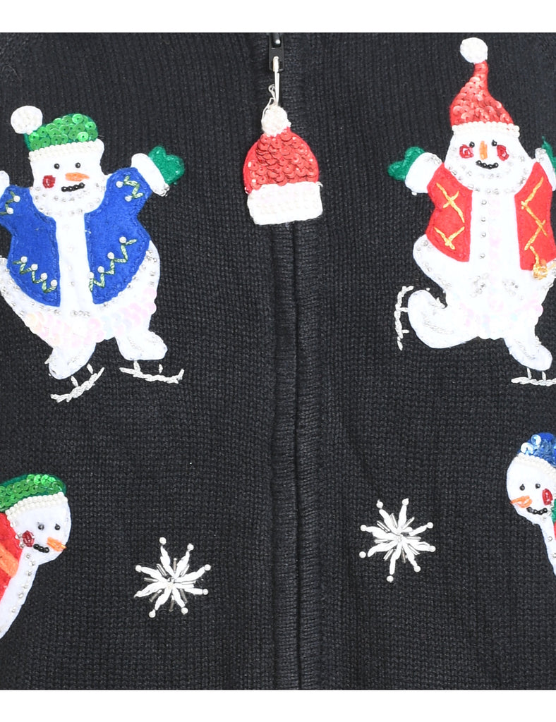 Snowman Design Black Zip-Front Christmas Cardigan - L