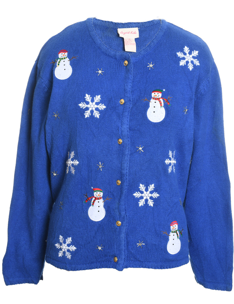 Snowman Design Blue Appliqued Christmas Cardigan - M