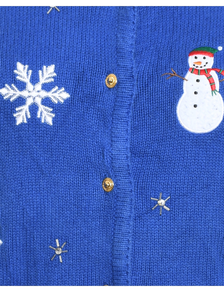 Snowman Design Blue Appliqued Christmas Cardigan - M