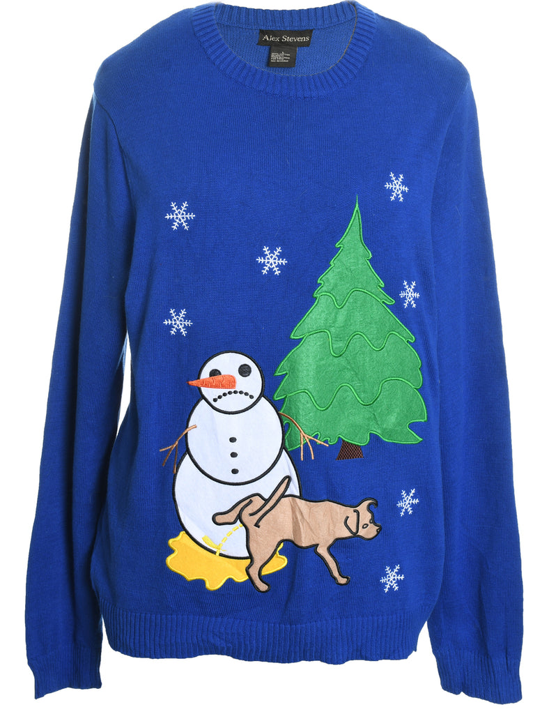 Snowman Design Blue Embroidered Christmas Jumper - L