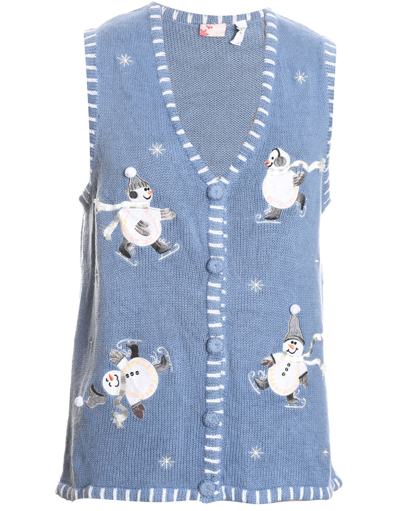 Snowman Design Blue Embroidered Sweater Vest - L