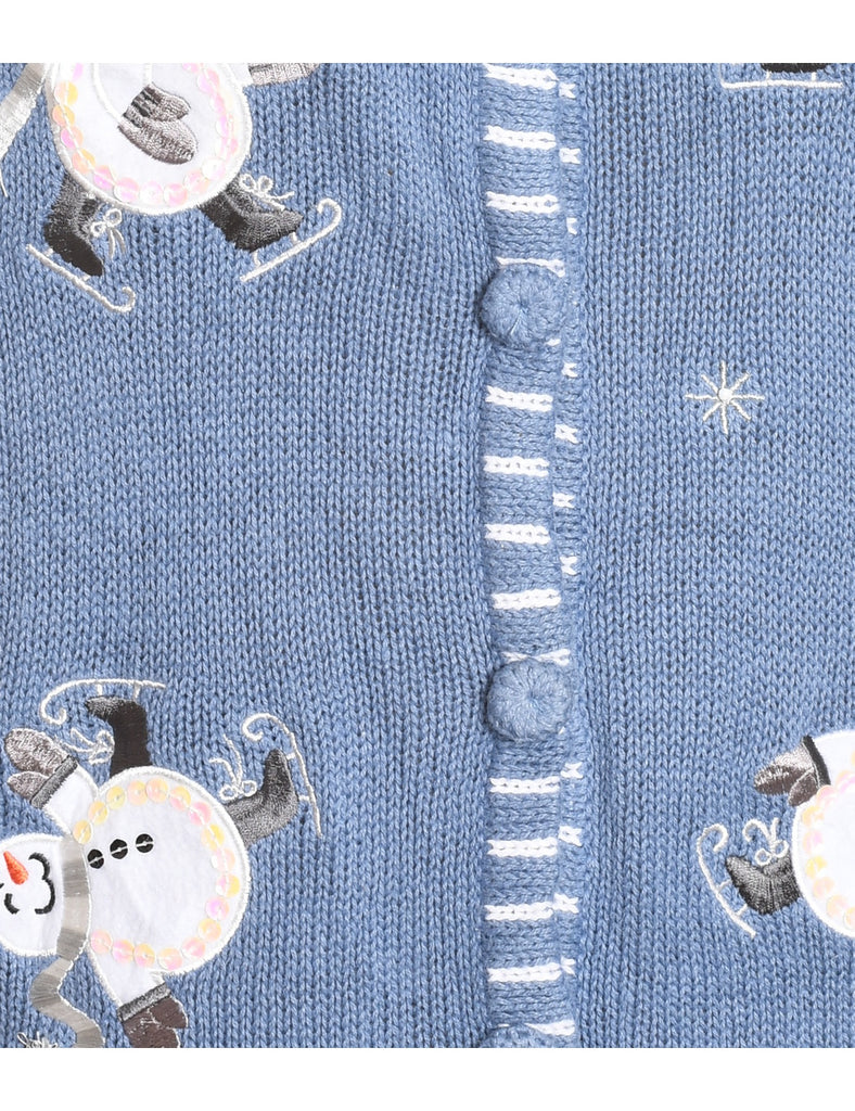 Snowman Design Blue Embroidered Sweater Vest - L