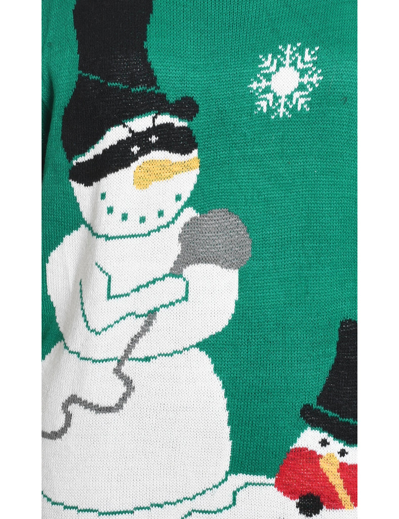 Snowman Design Green Knit Christmas Jumper - XL