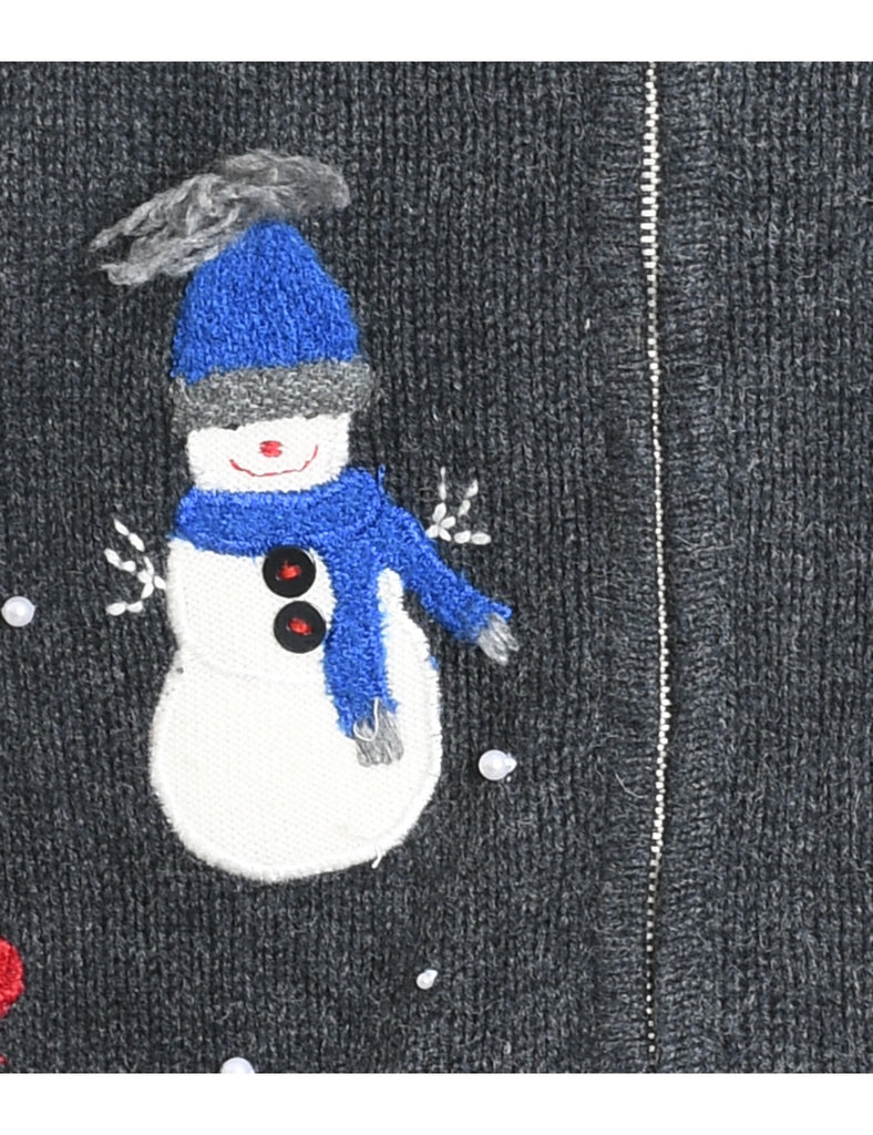 Snowman Design Grey Zip-Front Christmas Cardigan - M