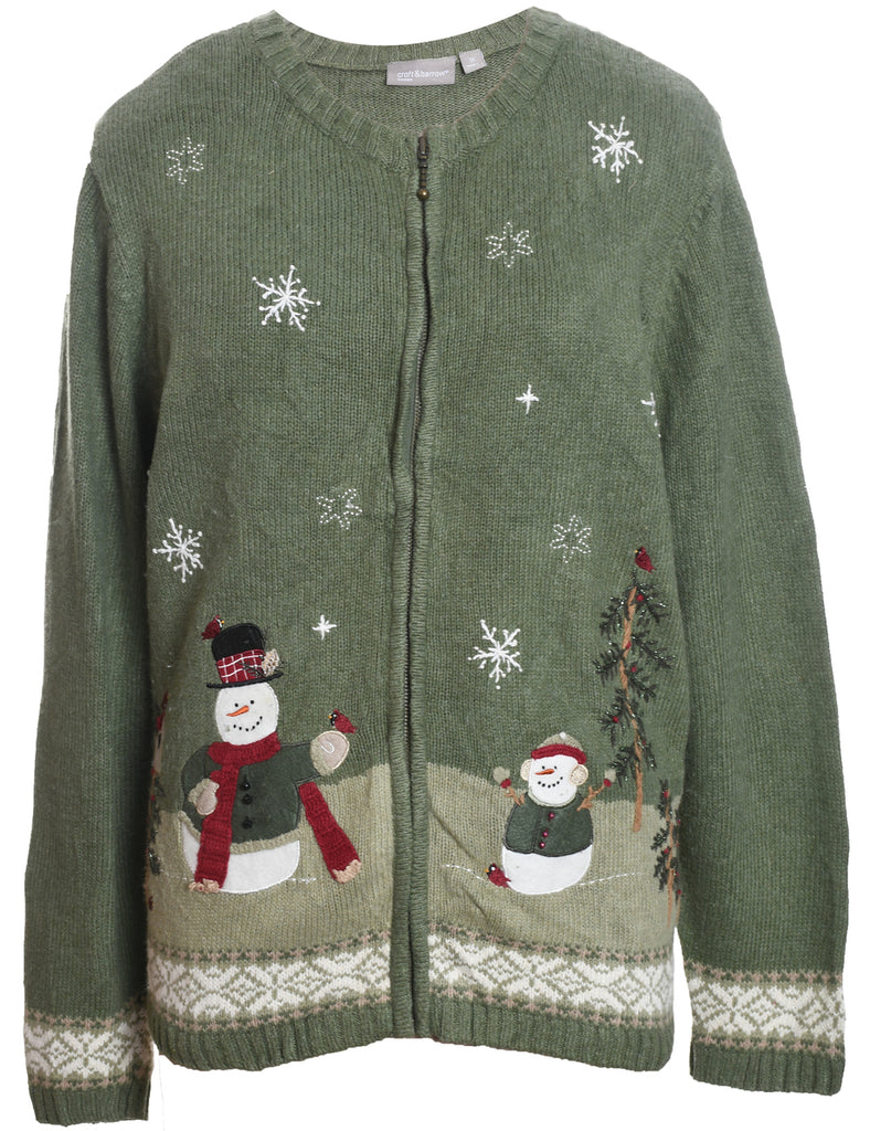 Snowman Design Light Green Appliqued Christmas Cardigan - XL