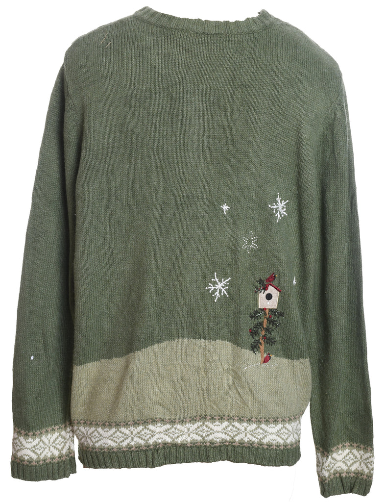 Snowman Design Light Green Appliqued Christmas Cardigan - XL