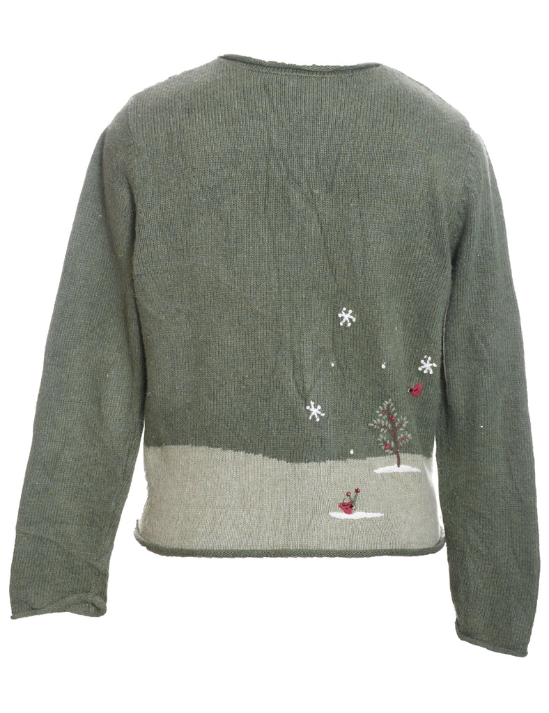 Snowman Design Light Green Appliqued Christmas Cardigan - S