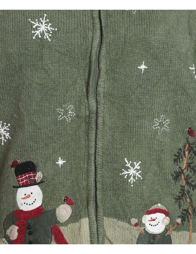 Snowman Design Light Green Appliqued Christmas Cardigan - XL