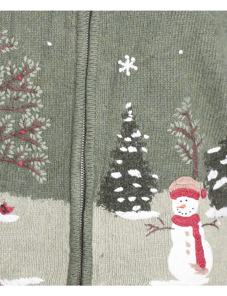 Snowman Design Light Green Appliqued Christmas Cardigan - S