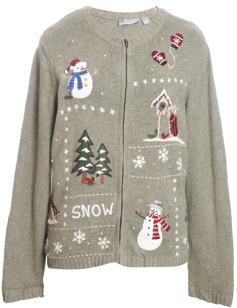 Snowman Design Light Green Christmas Cardigan - XL