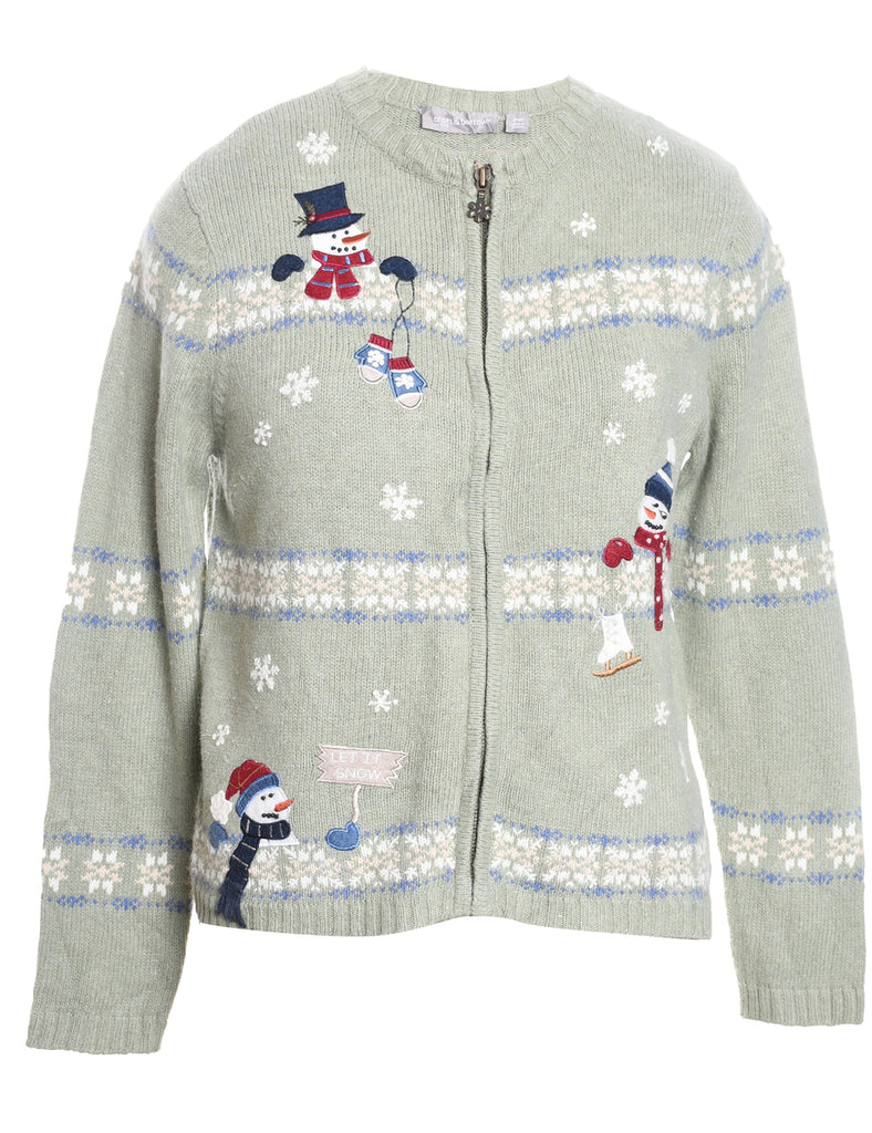 Snowman Design Light Green Zip-Front Knit Christmas Cardigan - M