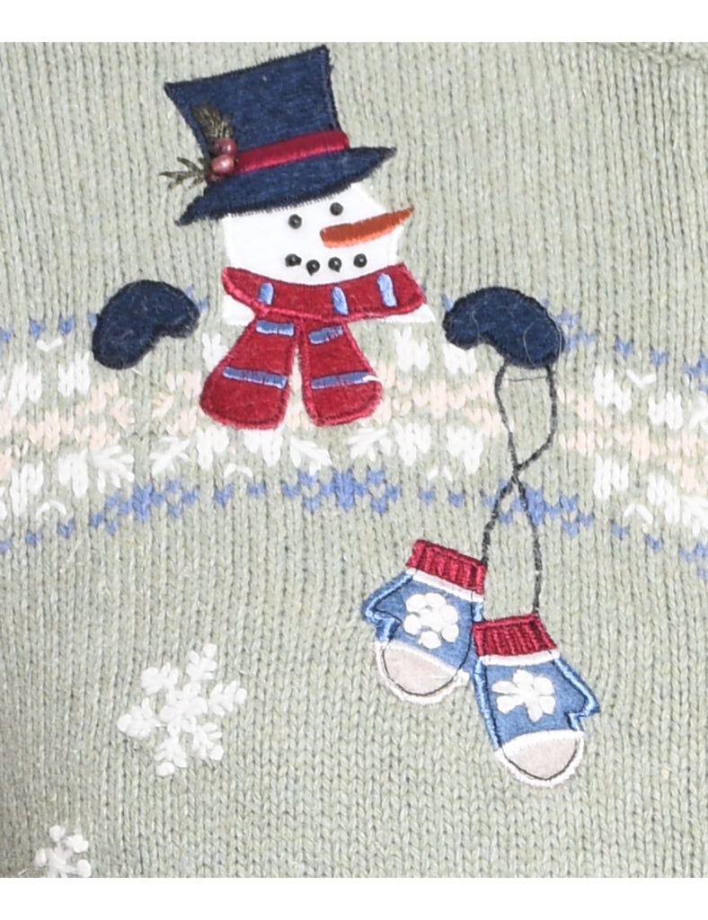 Snowman Design Light Green Zip-Front Knit Christmas Cardigan - M