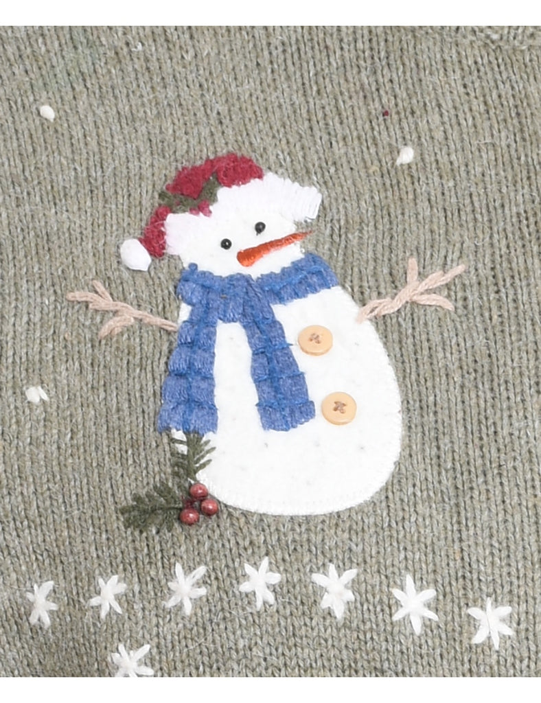 Snowman Design Light Grey Knit Zip-Front Christmas Cardigan - M