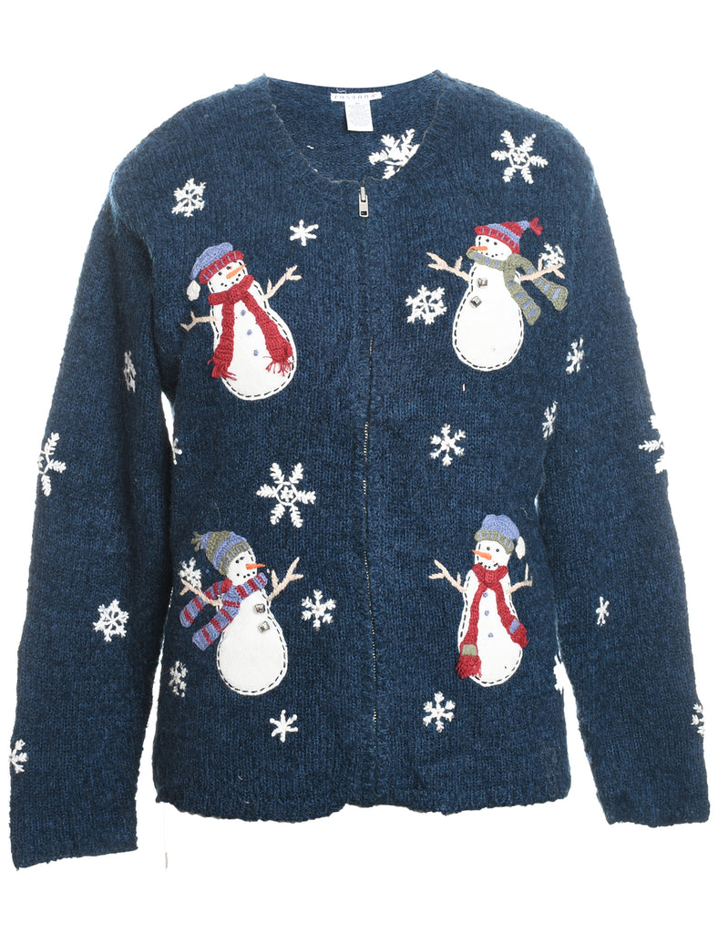 Snowman Design Navy Appliqued Christmas Cardigan - M