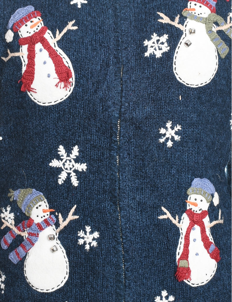 Snowman Design Navy Appliqued Christmas Cardigan - M