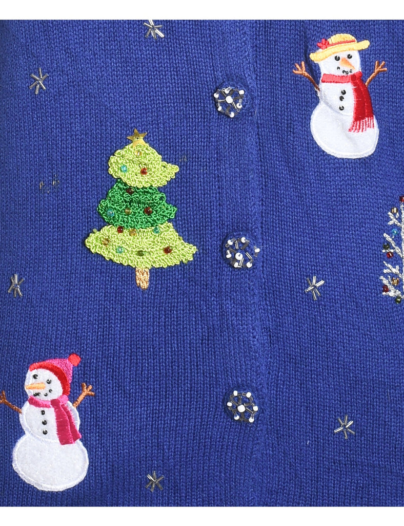 Snowman Design Purple Embroidered Christmas Cardigan - S