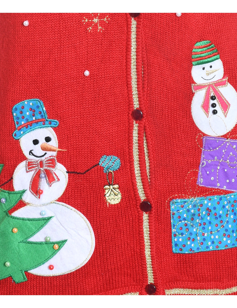 Snowman Design Red Knit Christmas Vest - M