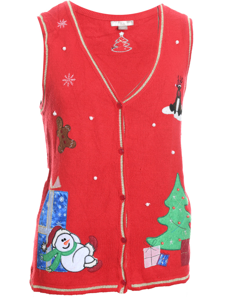 Snowman Design Red Knit Embroidered Vest - L