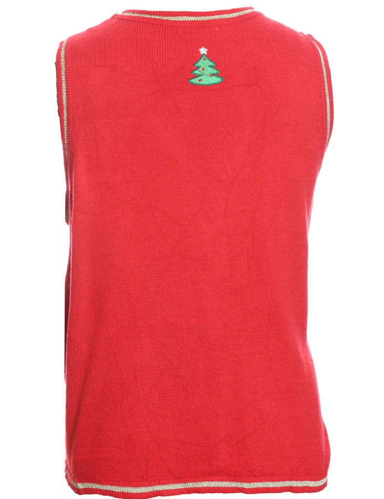 Snowman Design Red Knit Embroidered Vest - L