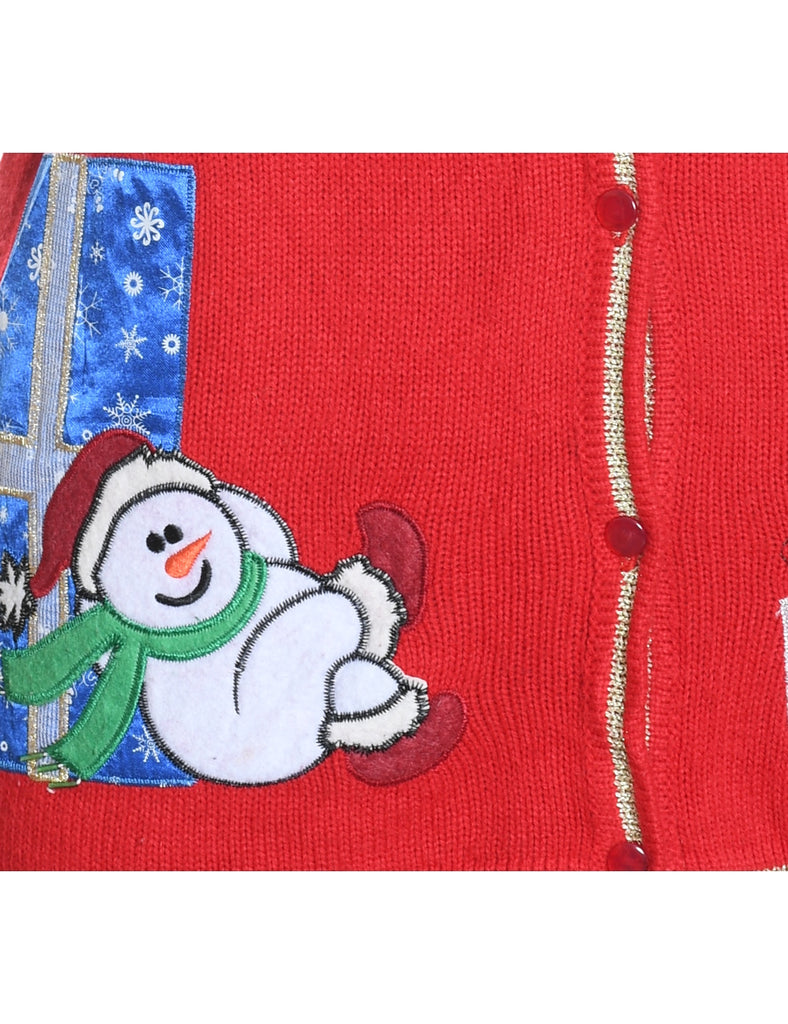 Snowman Design Red Knit Embroidered Vest - L