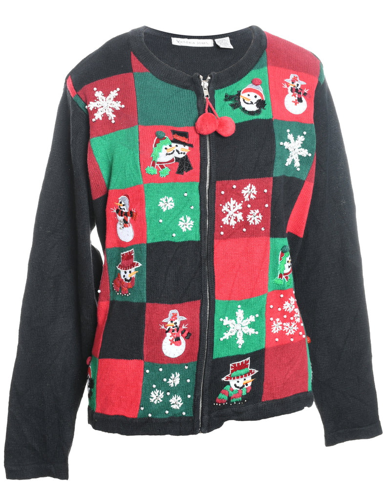 Snowman Design Zip-Front Christmas Cardigan - XL