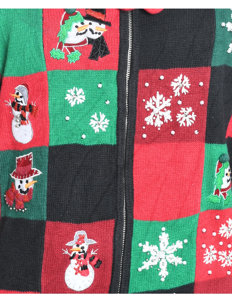 Snowman Design Zip-Front Christmas Cardigan - XL