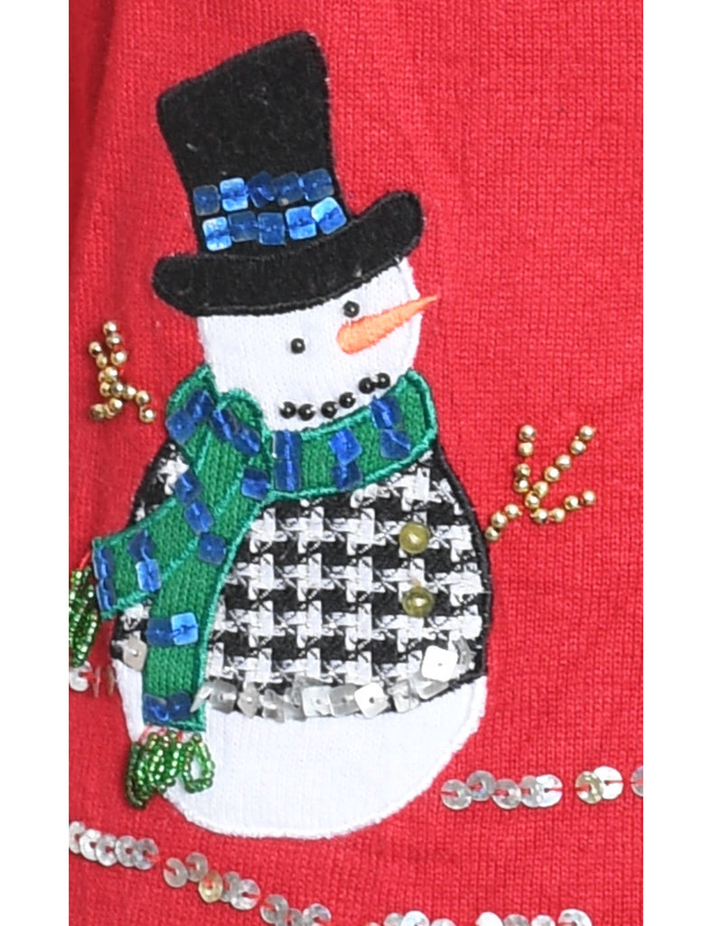 Snowman Design Zip-Front Christmas Cardigan - M