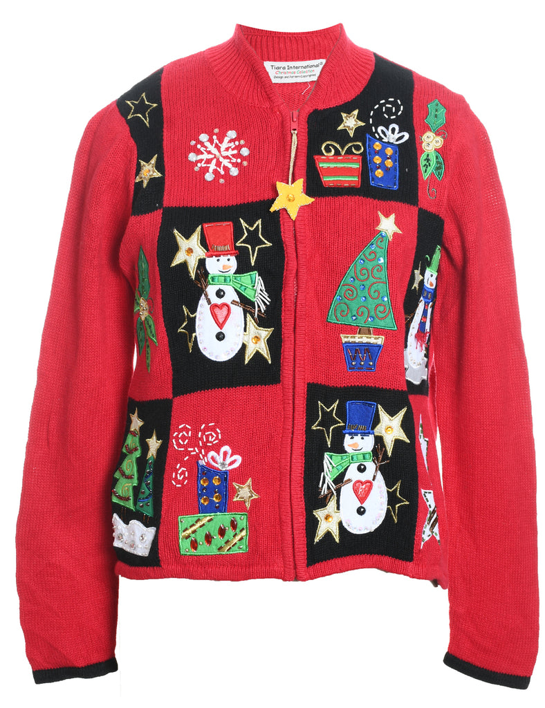 Snowman Design Zip-Front Multi-Colour Christmas Cardigan - M