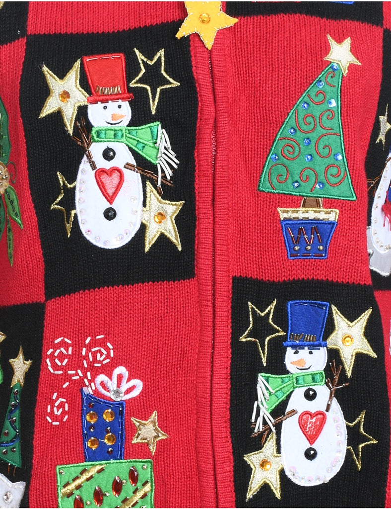 Snowman Design Zip-Front Multi-Colour Christmas Cardigan - M