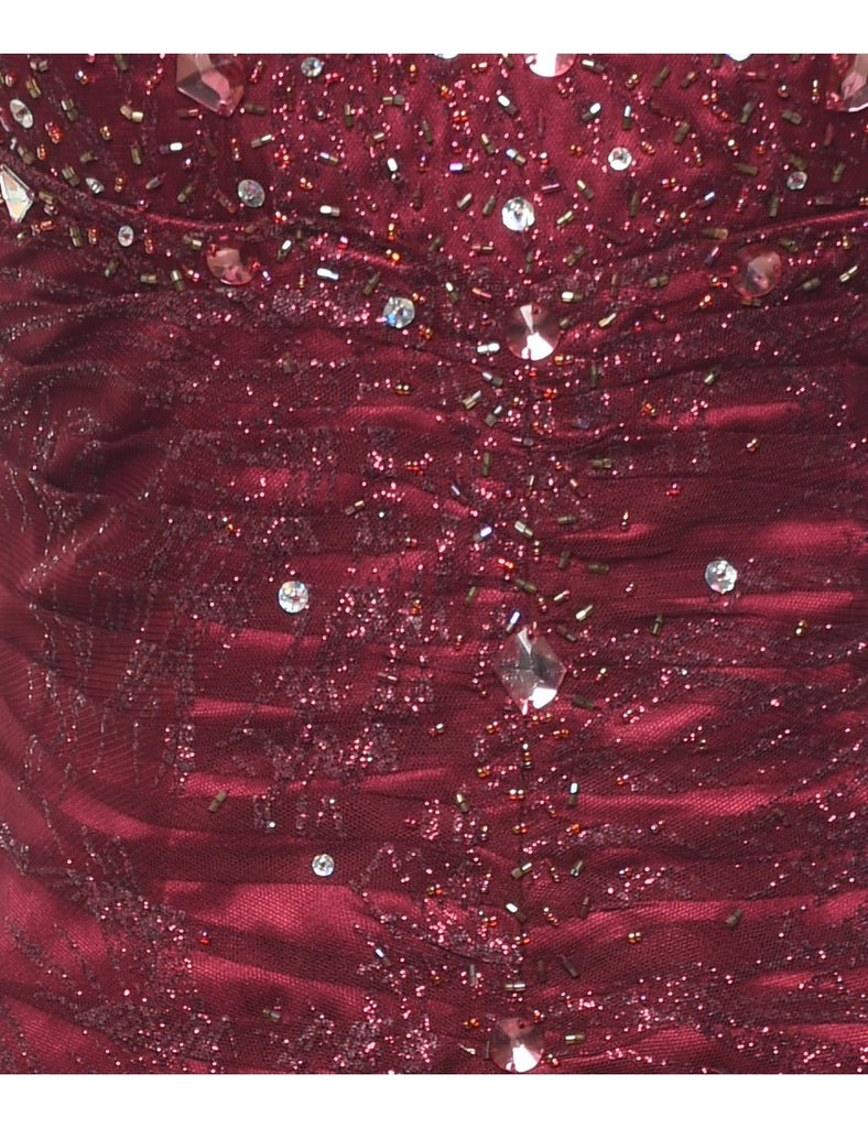 Strapless Beaded Maroon 1990s Evening Dress - M