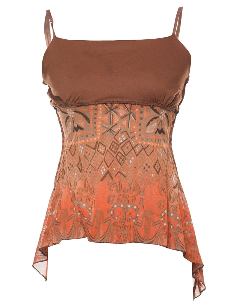 Strappy Printed Brown & Orange Y2K Sparkly Top - XS