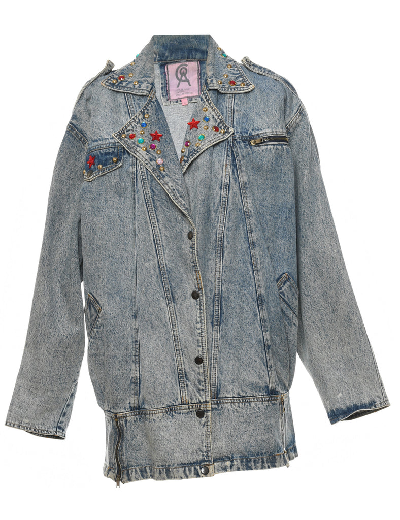 Studded Light Wash 1980s Acid Wash Denim Jacket - L