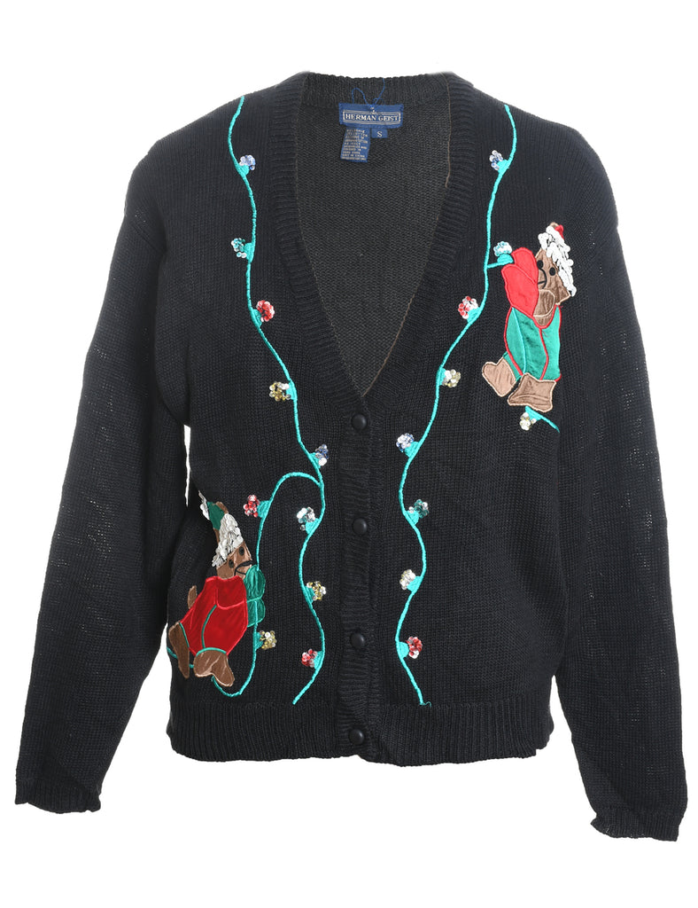 Teddy Bear Embroidered Christmas Cardigan - S