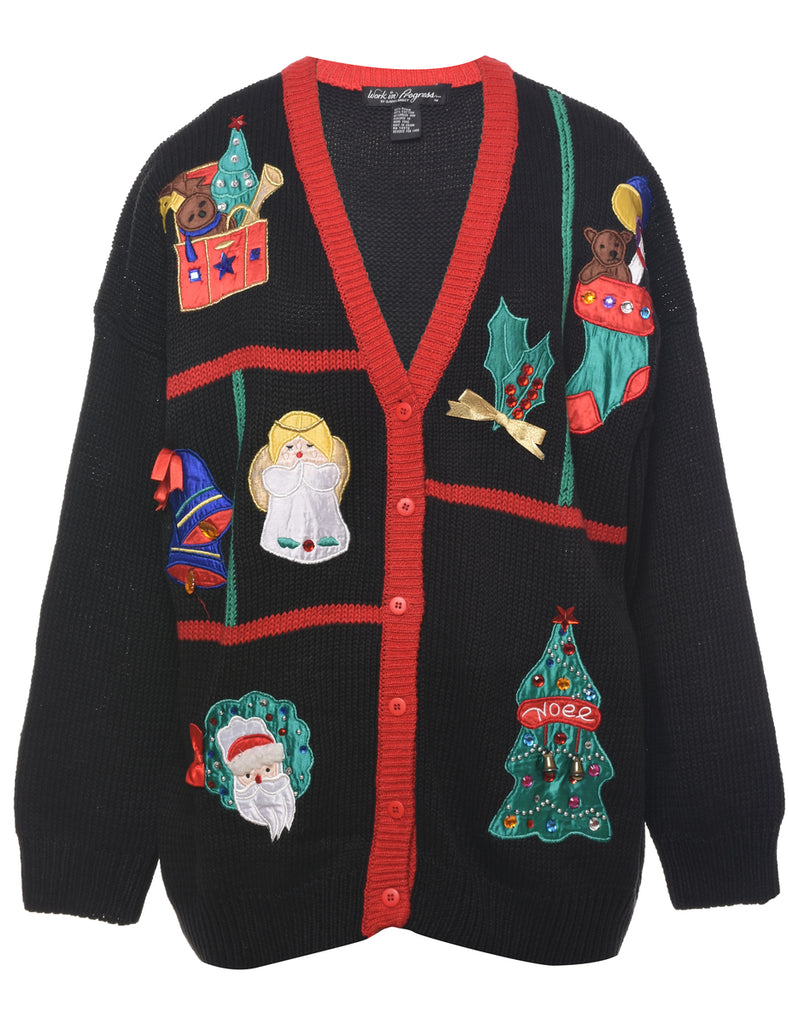 Teddy Bear Print Christmas Cardigan - L