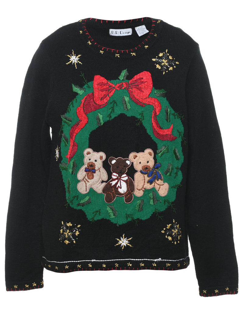 Teddy Bear Print Christmas Jumper - M