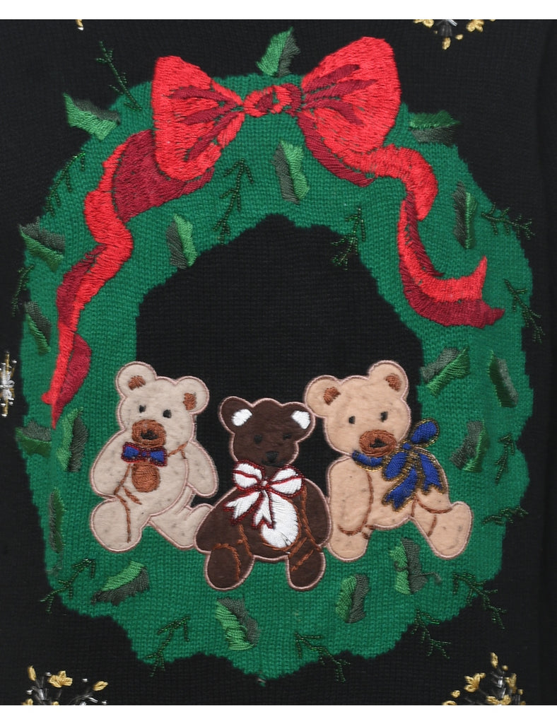 Teddy Bear Print Christmas Jumper - M