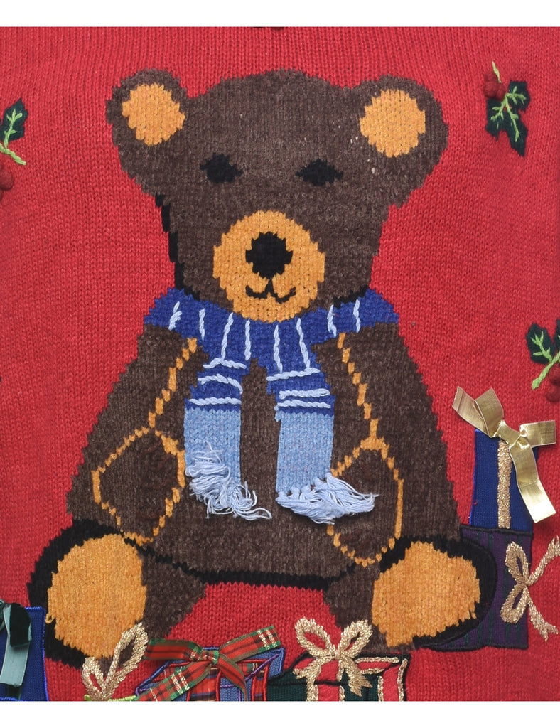 Teddy Bear Print Christmas Jumper - L