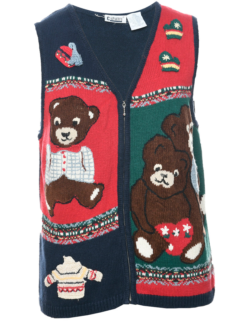 Teddy Bear Print Christmas Vest - L