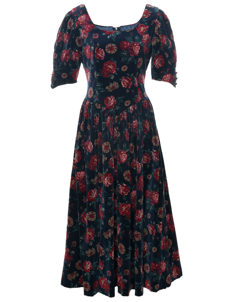 Velvet Floral Pattern Evening Dress - M