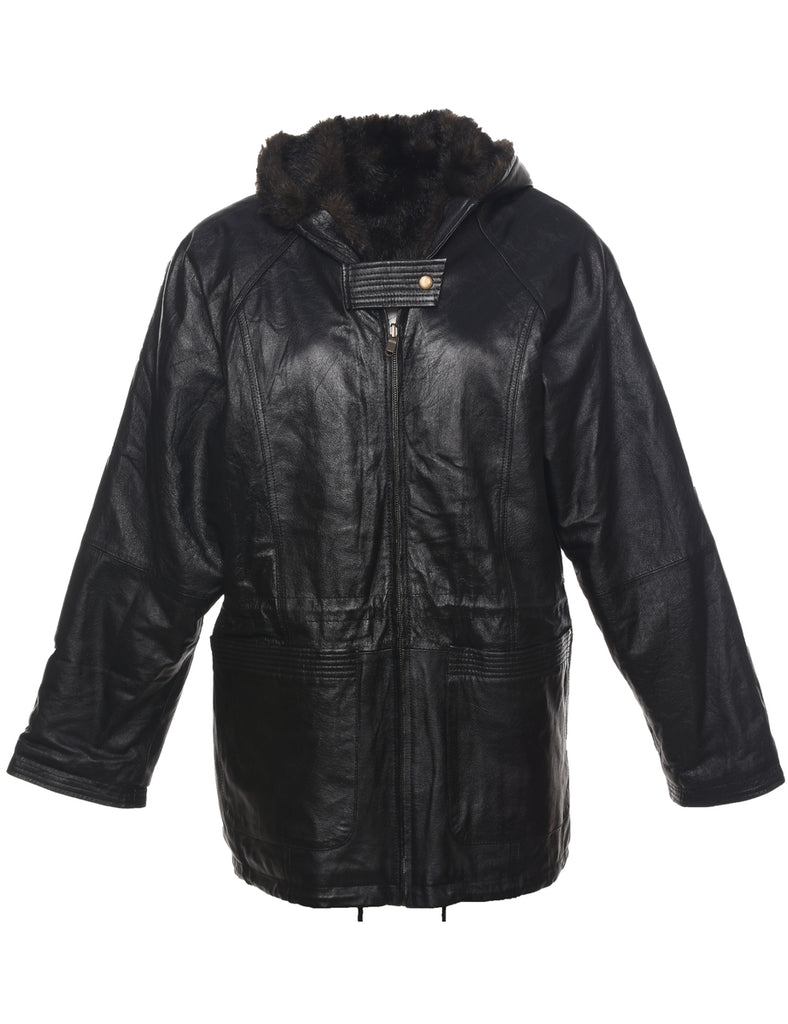 Zip Front Shearling Leather Jacket - L