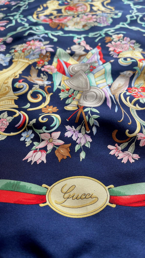 Rare 1990 Gucci Royal Blue Regal Patterned 100% Silk Scarf (Copy)