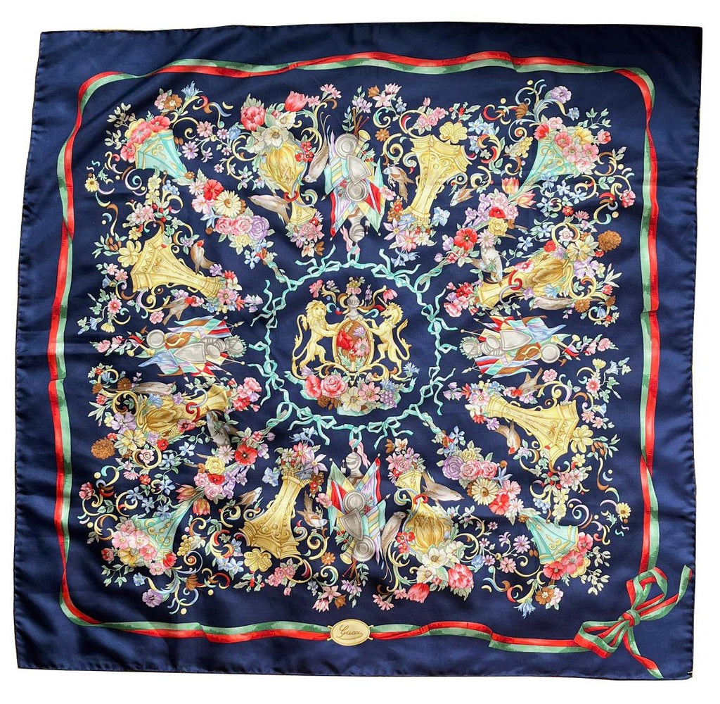 Rare 1990 Gucci Royal Blue Regal Patterned 100% Silk Scarf (Copy)