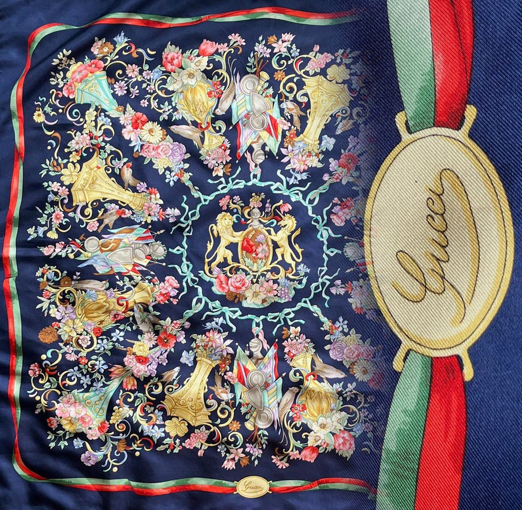 Rare 1990 Gucci Royal Blue Regal Patterned 100% Silk Scarf (Copy)