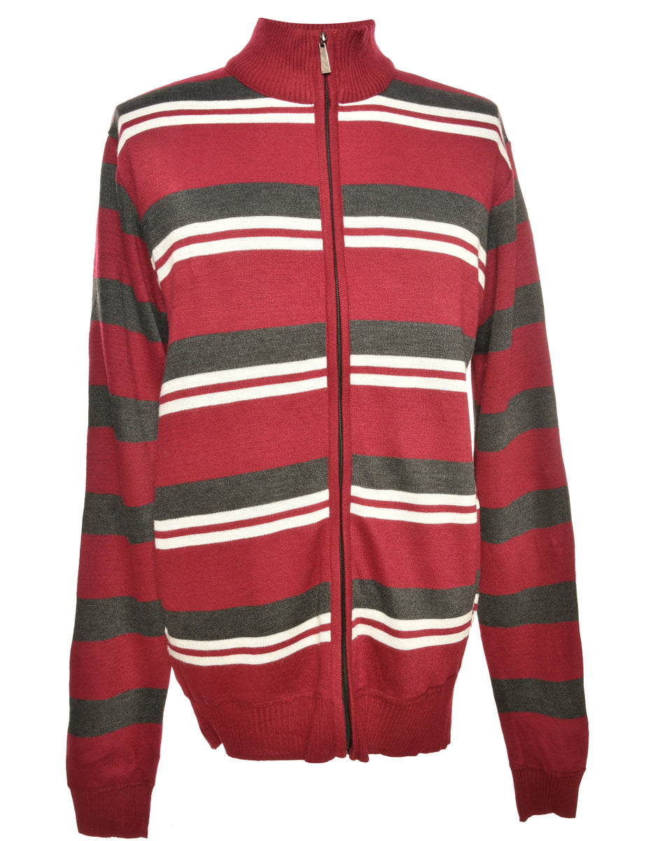 Men's Striped Brown & Maroon Knit Cardigan Multi-coloured, L