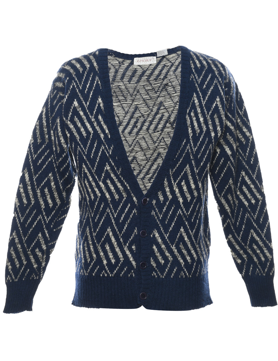 Men's Wool Geometric Pattern Cardigan Blue, M | Beyond Retro