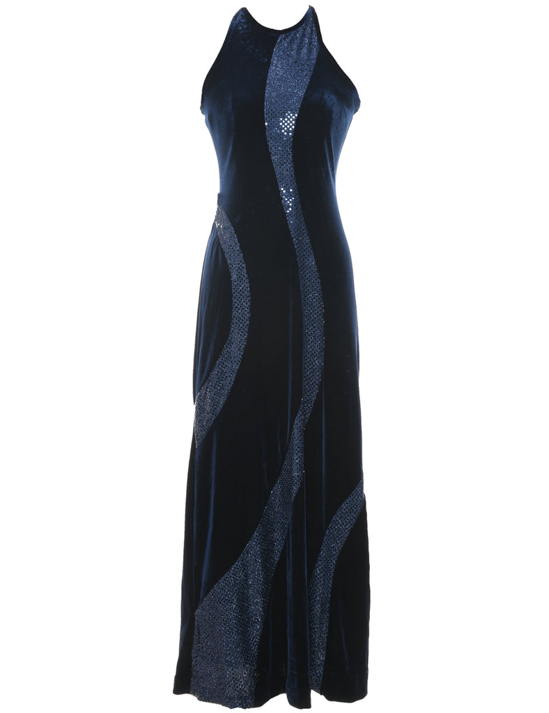 Velvet & Sparkly Fabric Strappy 1990s Navy Evening Dress - XS